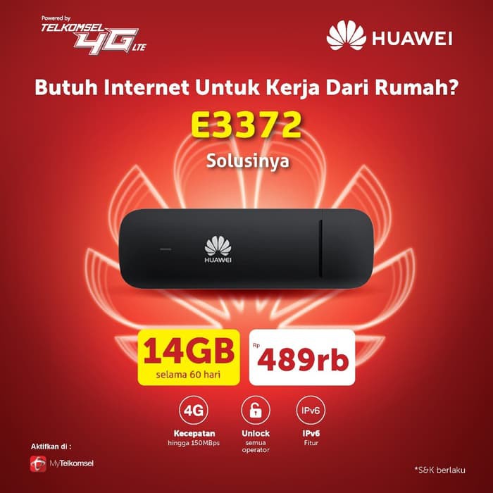 Murah Modem USB Huawei E3372 4G LTE Unlock Free Telkomsel 14GB Terlaris