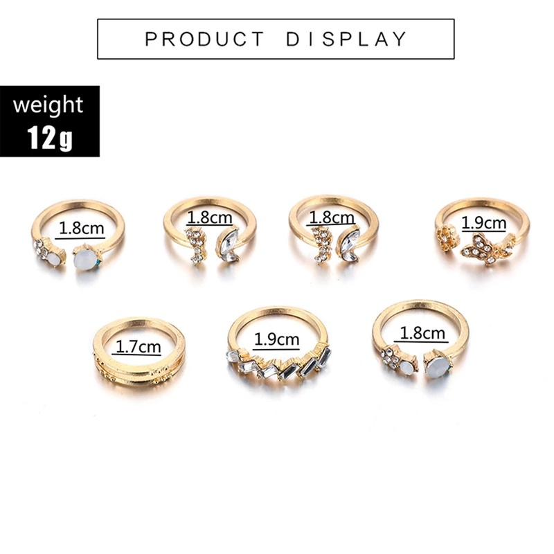 7pcs / set Cincin Wanita Desain Bunga Butterfly Hias Kristal / Berlian Gaya Korea / Retro Untuk Pernikahan / Hadiah