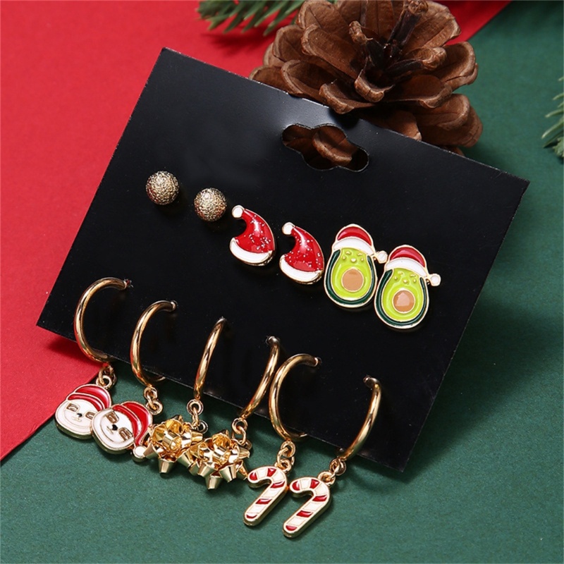 6 Pasang Anting Stud Desain Topi Santa Claus Snowman Untuk Perhiasan