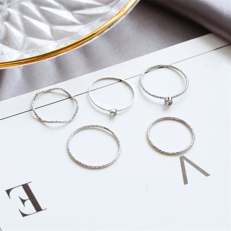 5pcs / Set Cincin Jari Telunjuk Desain Gelombang Hias Berlian Untuk Wanita