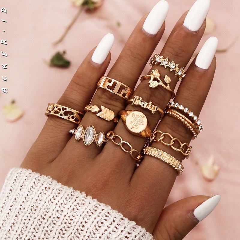 12pcs / Set Cincin Rantai Desain Ukiran Bunga Mawar Tulip Panah Bintang Gaya Bohemian Untuk Wanita