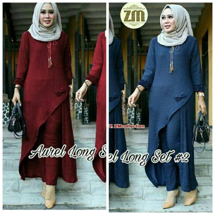 pakaian Gaun muslim ibu islami sdf v setelan st set LAUREL aurel MAROON NAVY / wanita celana tunik u