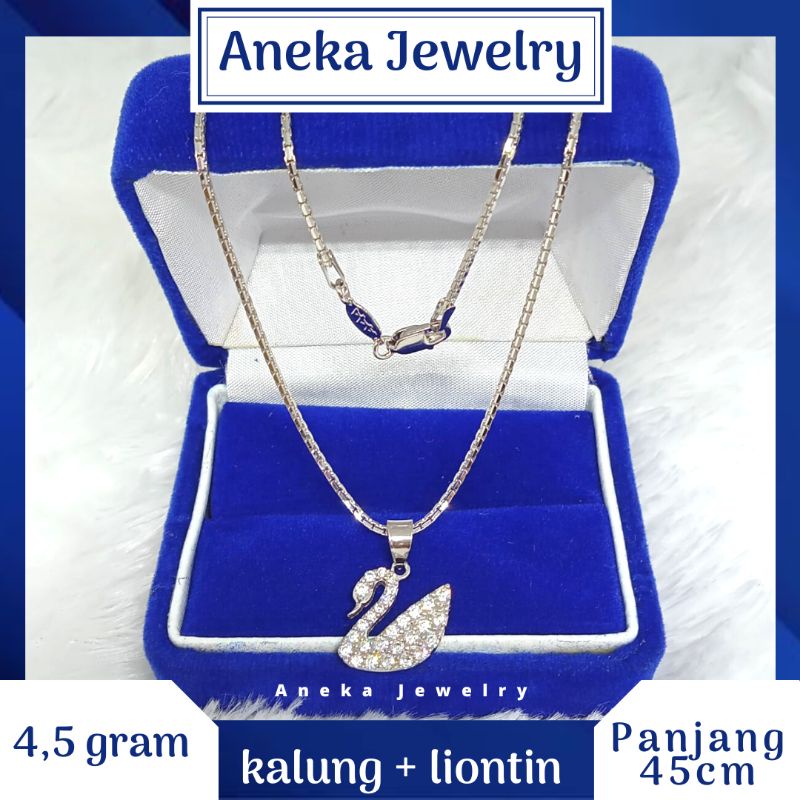 Kalung Italy Santa + Liontin Angsa Mata2, Perak 925, Lapis Emas Putih