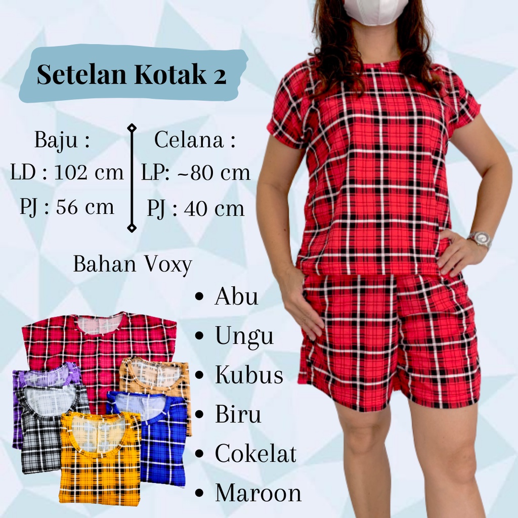 014 Setelan Baju Celana Pendek Wanita Motif Kotak 2