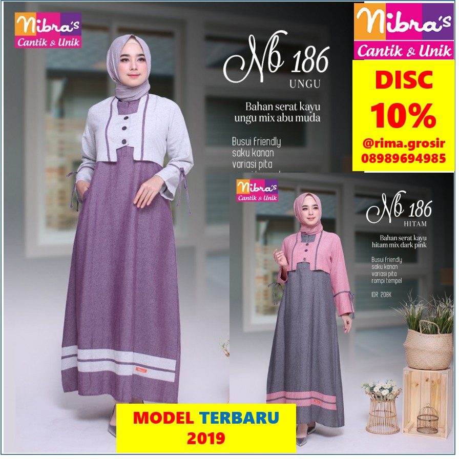 Original Gamis nibras nb 186 serat kayu Ungu mix abu/hitam mix pink