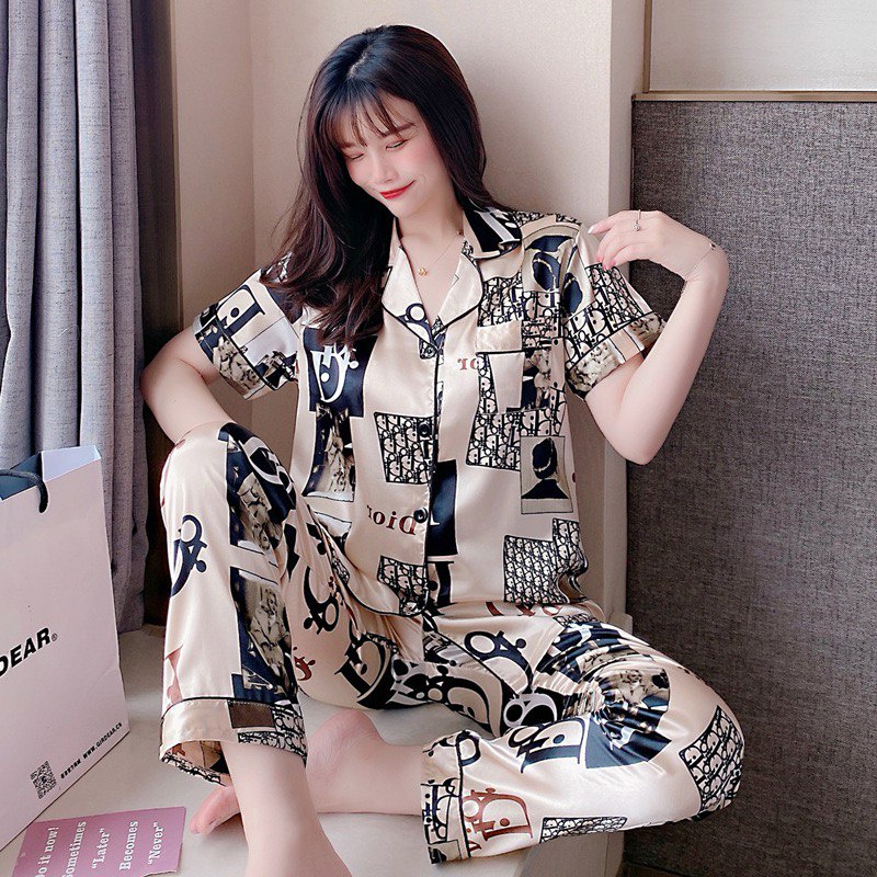 baju tidur motif dior/piyama perempuan/baju tidur satin celana panjang/baju tidur import/pajamas/Baj