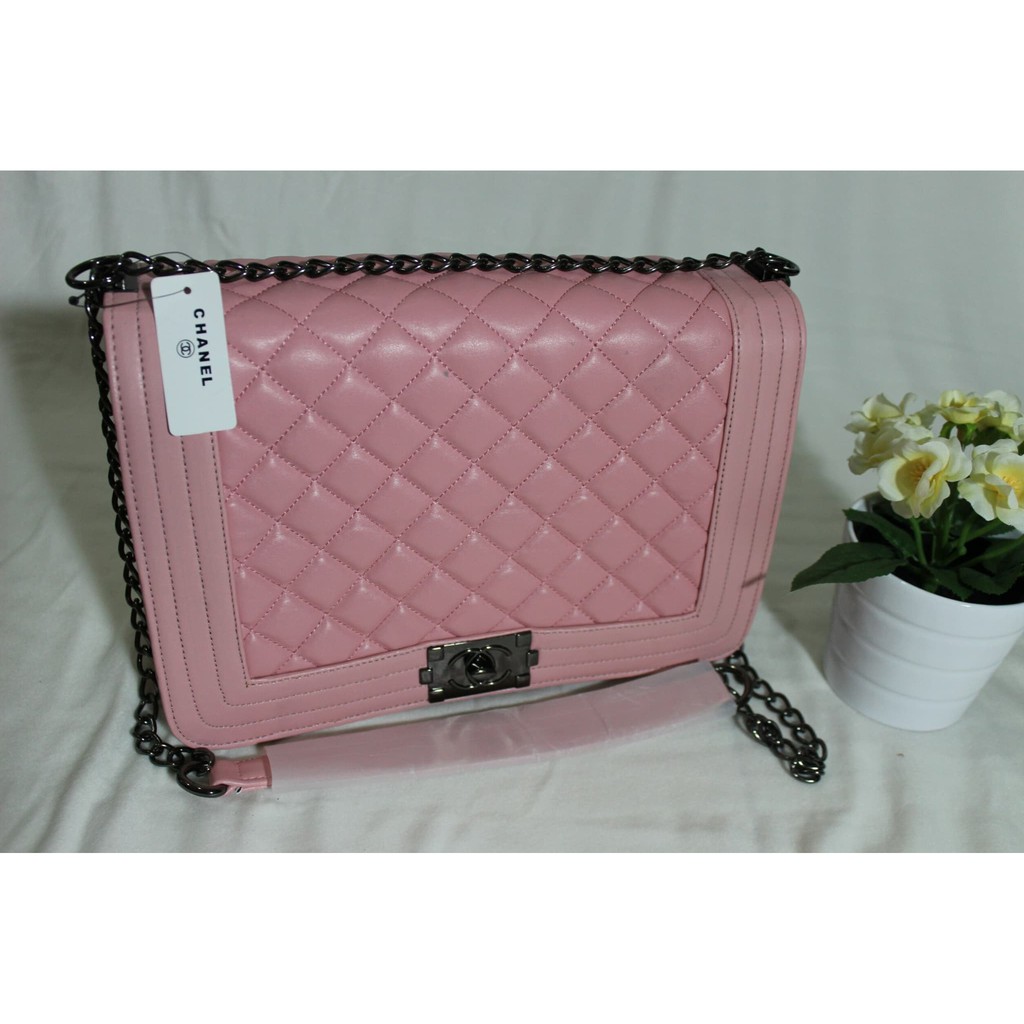Terbatas Tas Tali Rantai Branded Chanel Boy Maxi Besar 30 Warna Baby Pink Muda