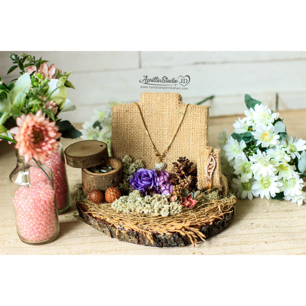 Kotak Perhiasan | Kotak Cincin | Slice Wood Ringbox Full Set