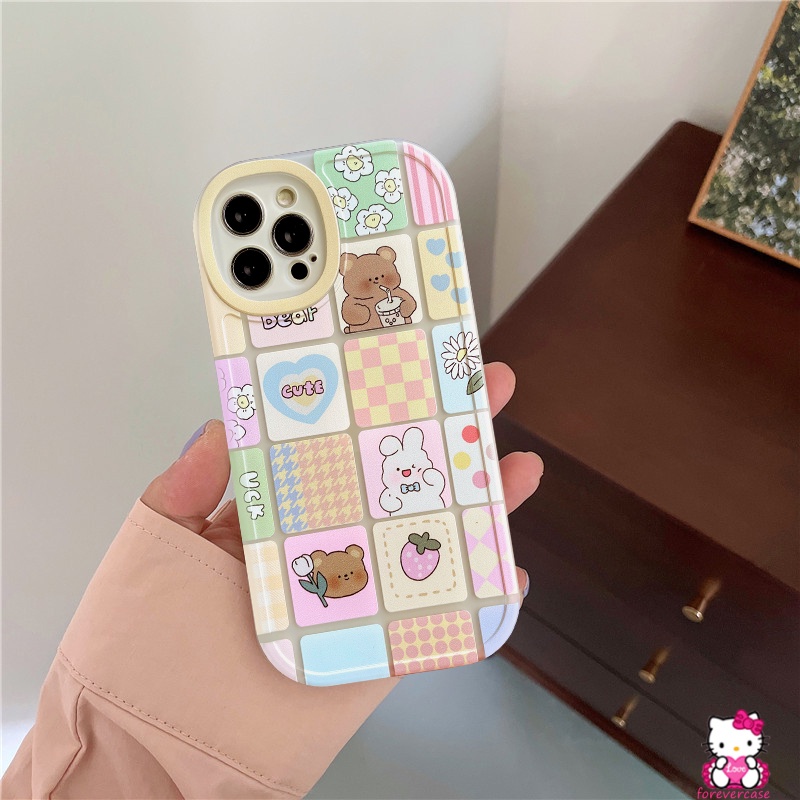 Ins Kotak-Kotak Soft Case Realme C53 C55 10 Pro Plus C30 C35 C17 C21Y C25Y 9i 9 8i 8 8Pro C25S C11 2021 C25 C31 C20 C12 C3 5i 6i 6 5 7 7i 6S Strawberry Kartun Beruang Kelinci Lucu Sarung