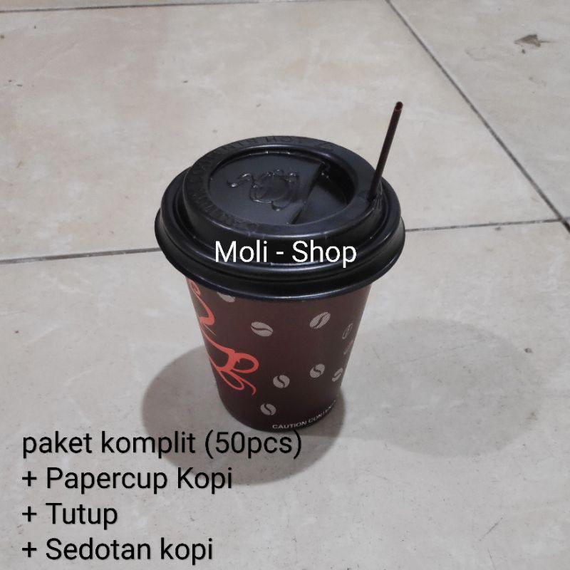 PaperCup+Tutup 8oz 50pcs (Bonus Stirer) , Gelas Kertas, Paper Cup kopi