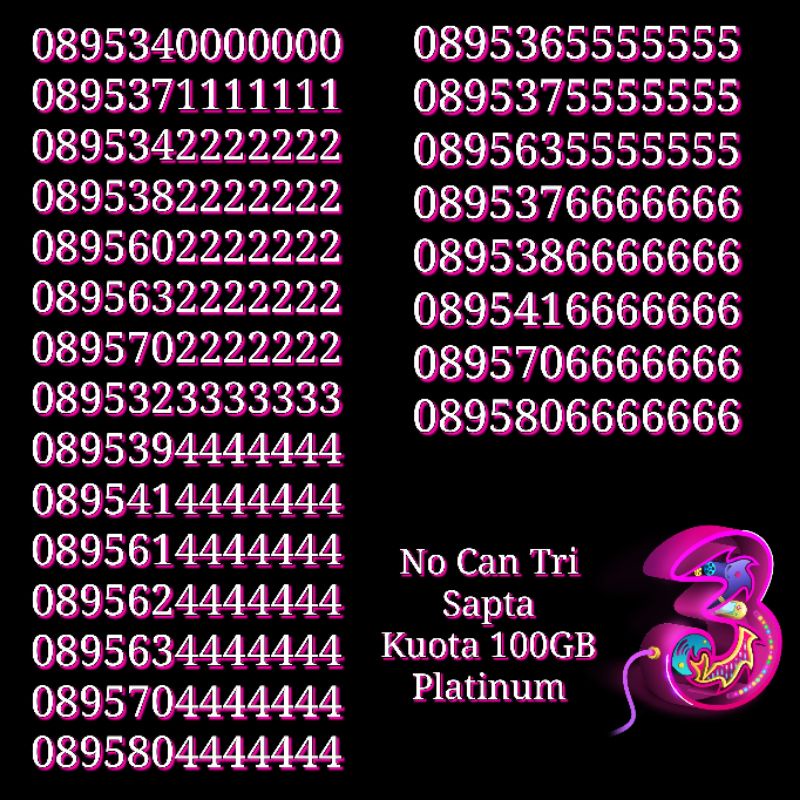 Nomor Cantik NOCAN Sapta Kartu Perdana Tri Three 4G LTE Kuota 100 GB Platinum