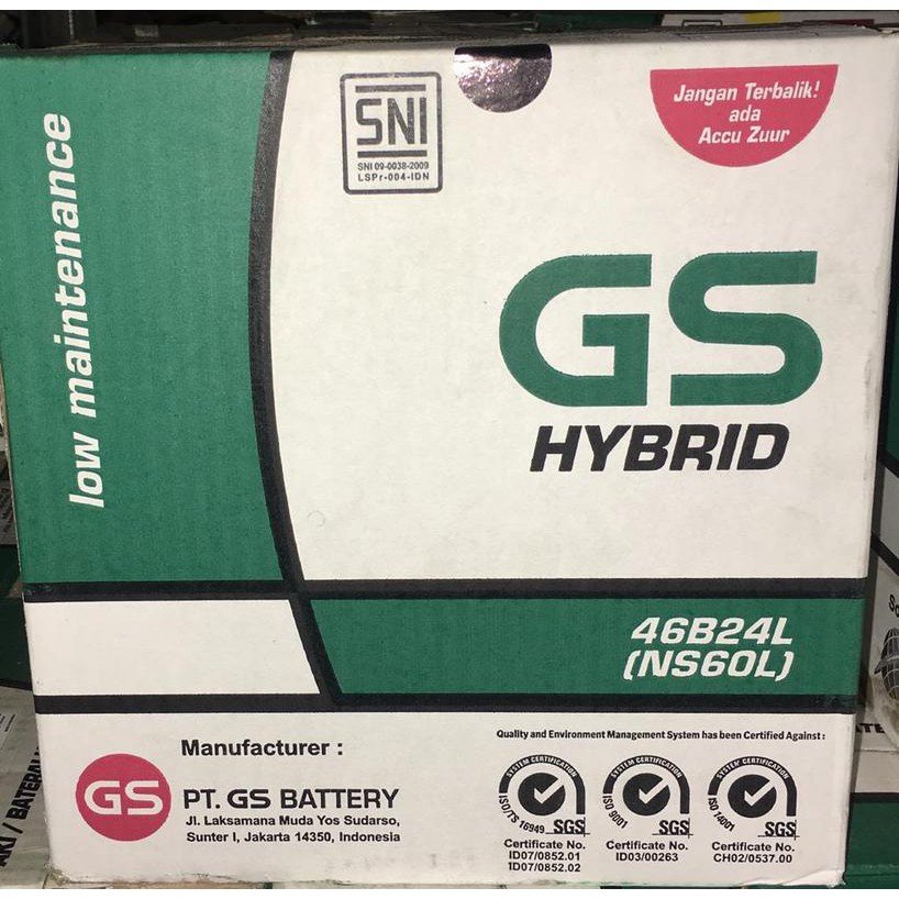 Aki Mobil GS ASTRA GS HYBRID 46B24L NS60L 12V 45AH KHUSUS GOSEND -80007