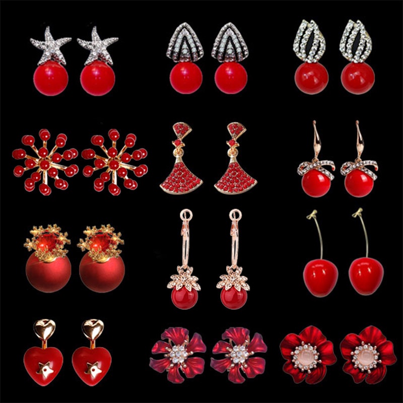 Anting 925 Silver Needle Bentuk Bunga Cherry Hati Aksen Mutiara Merah Gaya Korea