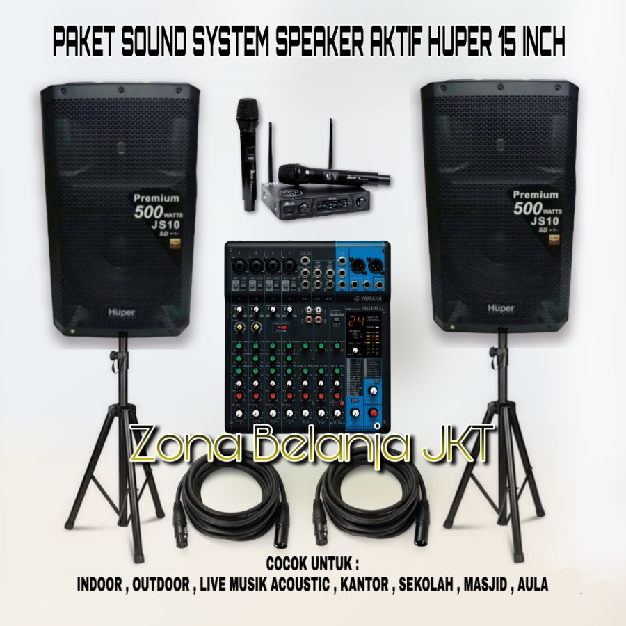 PAKET SOUND SYSTEM SPEAKER HUPER 15 INCH JS10 MIXER YAMAHA 10 CHANNEL MIC WIRELESS UNTUK INDOOR OUTDOOR LIVE MUSIK ORIGINAL ( HM-1)