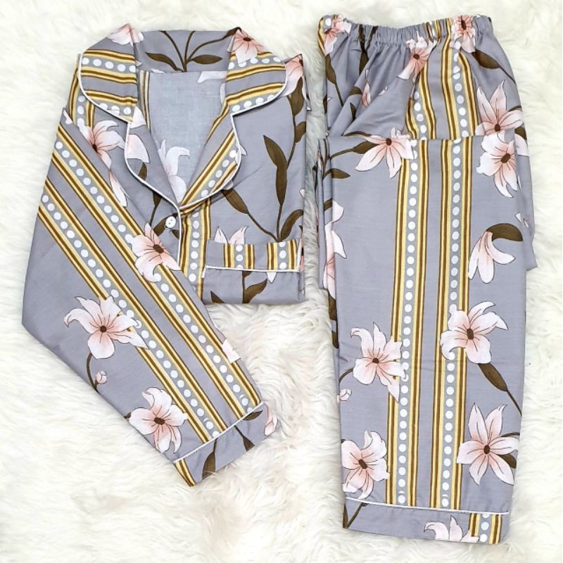 Baju tidur wanita piyama PP bahan soft katun adem lembut all size-Bunga salur