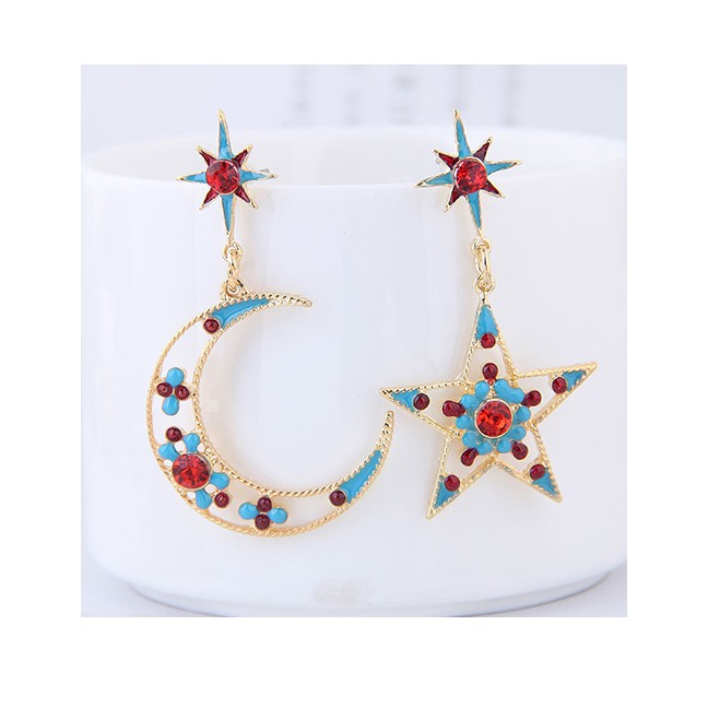 LRC Anting Tusuk Fashion Color Metallic Diamond Star And Moon Asymmetrical Earrings A57217