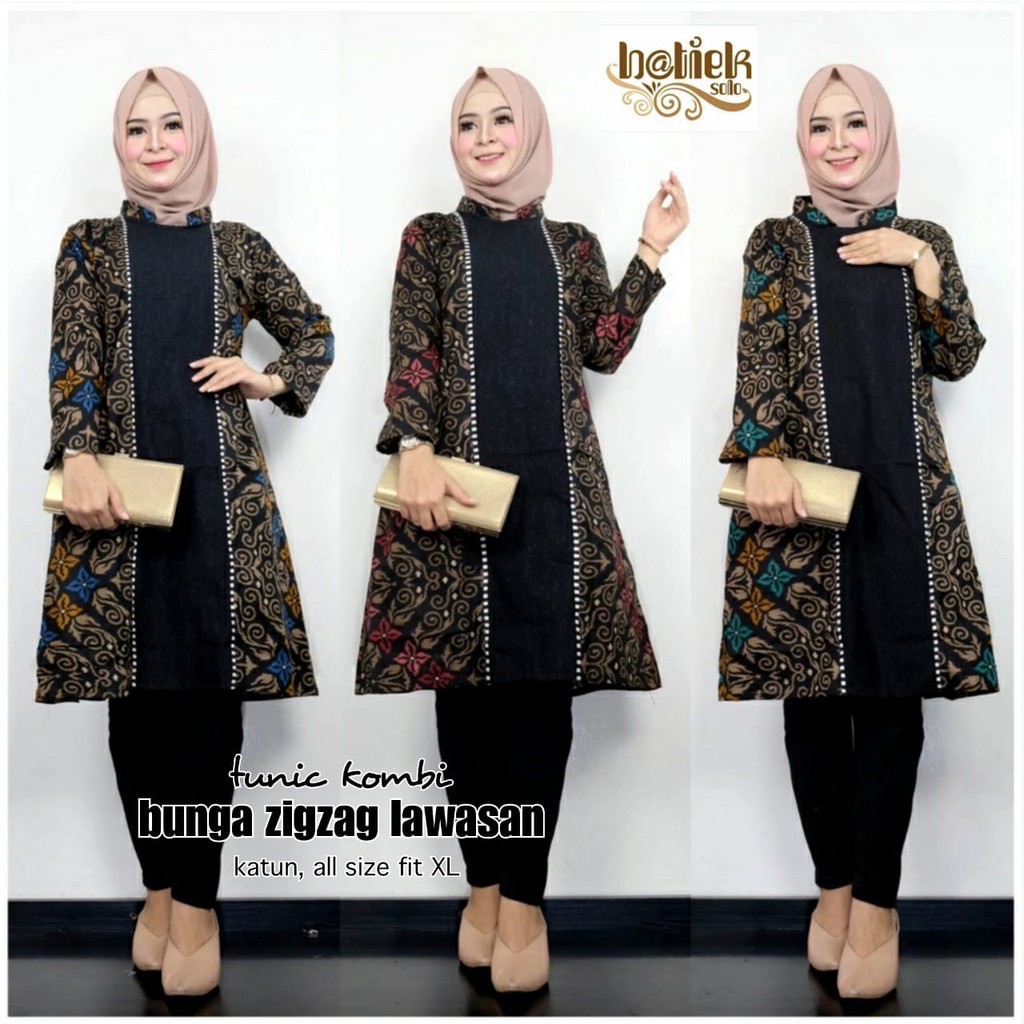 Tunik Kombi Bunga Zigzag Lawasan Batik Marini Midi Casual Kerja Modern Kantoran Muslim Pesta Baru