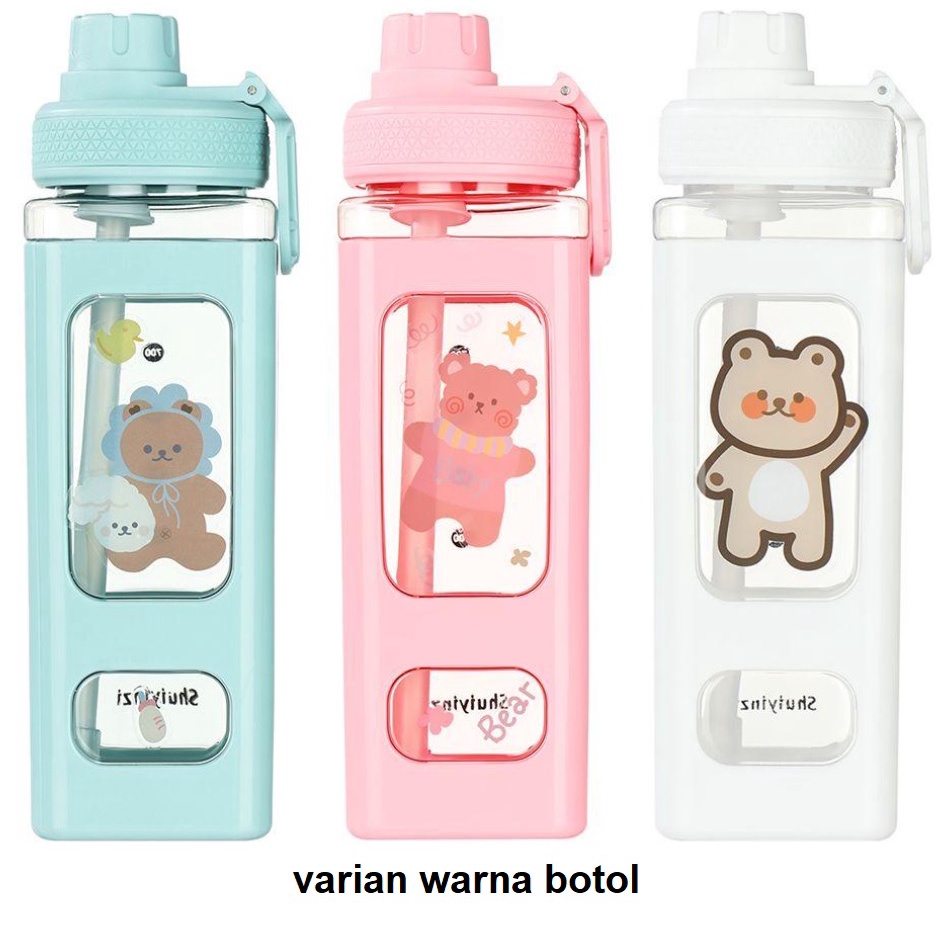 Botol Minum Plastik Cantik 900ml Air Lucu Comel Anak Sekolah Korea Square Bear BPA FREE Water Large Capacity Plastik Bottle pp aesthetic Student 1liter Portable with Straw Plastic 1l 2l 1000 2000 1 liter 2 Stiker Hias Dekorasi Motivasi Boba Viral