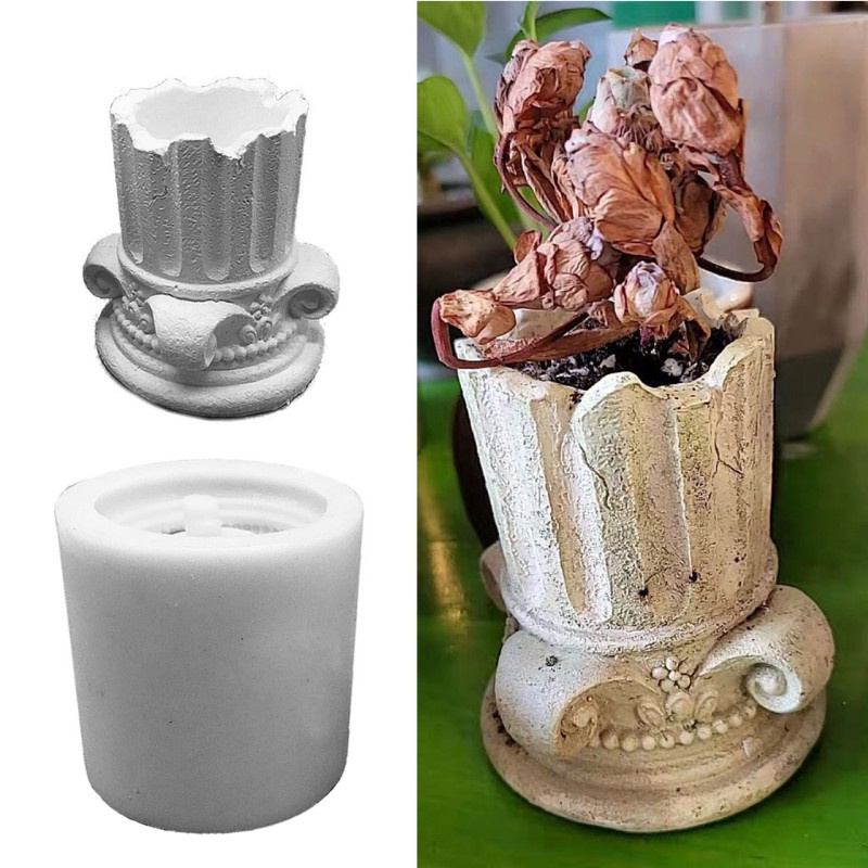 Glitter Ancient Greek Pillars Flower Pot Epoxy Resin Silicone Mold 3D Roman Column Succulent Plant Planter Pot Mold for Concrete