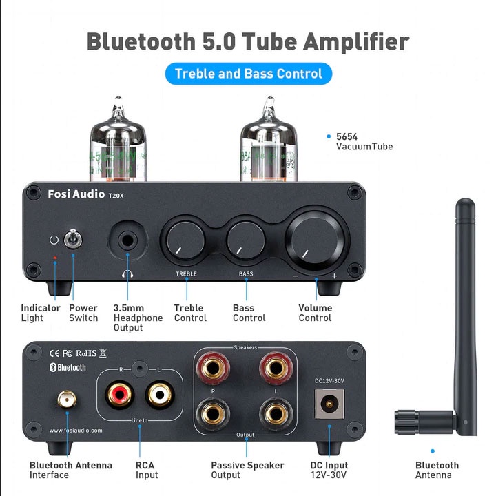 Fosi Audio Bluetooth Tube Amplifier Headphone Amp Stereo 100W - T20X - Black