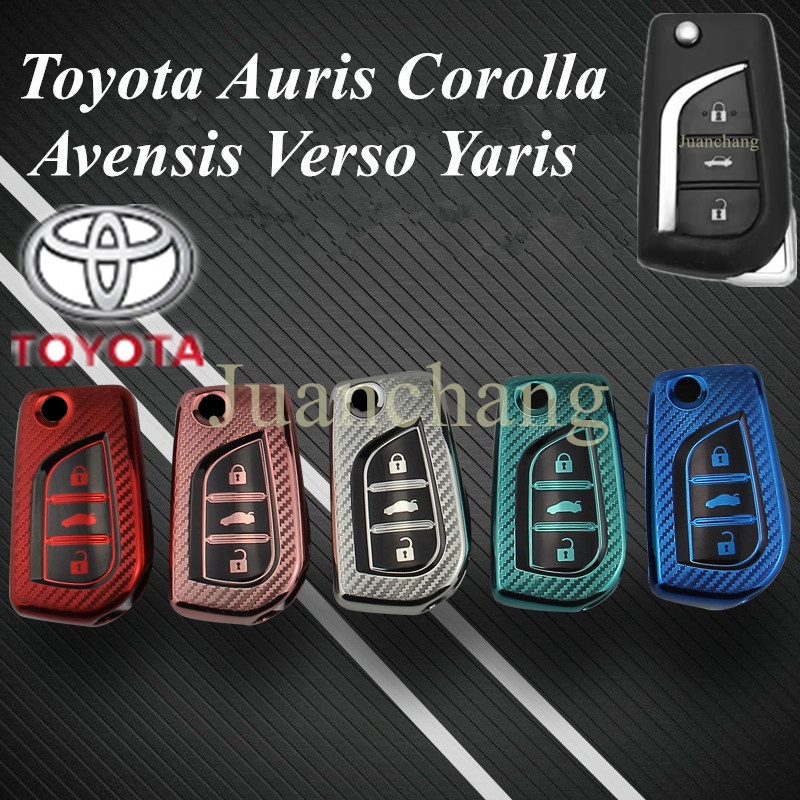 Casing Kunci Mobil 3 Tombol Bahan TPU Aksen Serat Karbon Untuk Toyota Auris Corolla Avensis Verso Yaris Aygo Scion TC IM 2015 2016 Camry RAV4