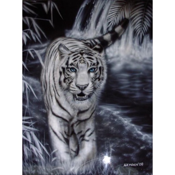 hiasan dinding macan putih plus bingkai uk 65 x45