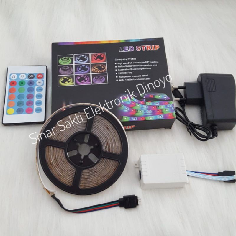 Lampu led strip rgb Remote warna warni ip44 set + adaptor 5m