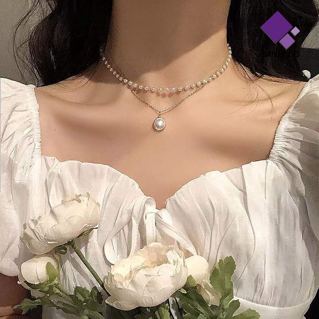 Naiveblue Kalung Rantai Klavikula Mutiara Double layer Bahan Alloy Untuk Wanita