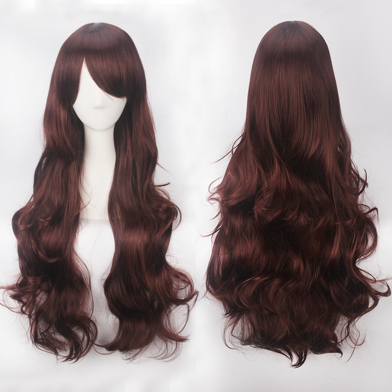 K027 wig base wavy 80 cm curly wanita cosplay rambut palsu daily lolita gelombang hitam putih abu