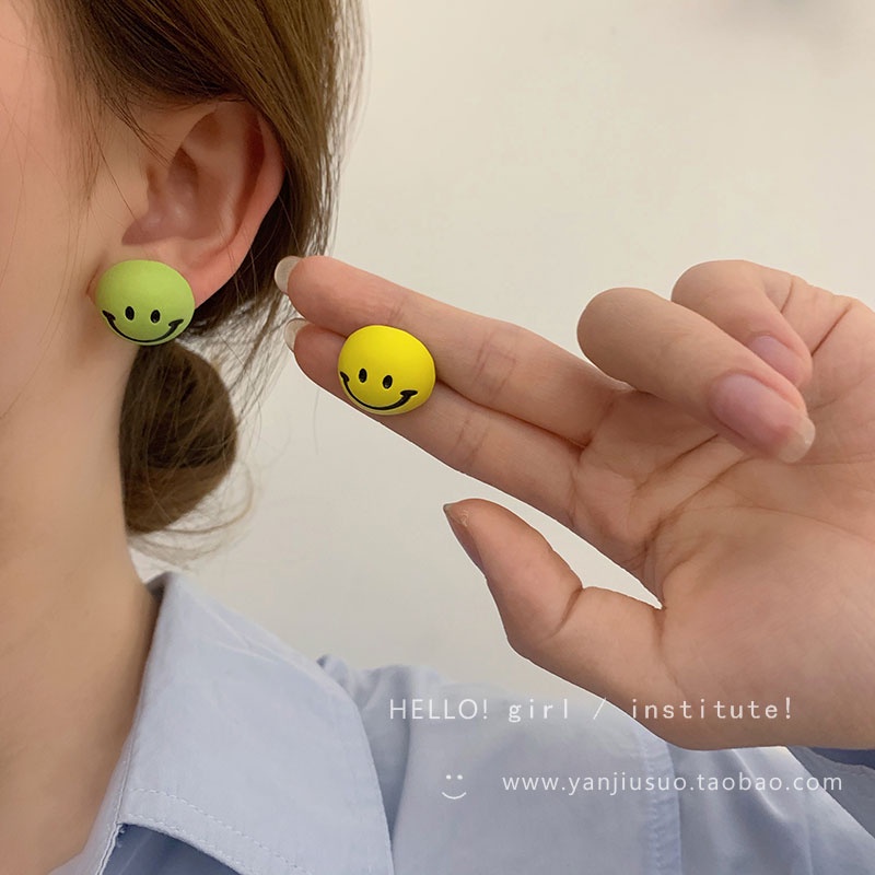 Anting Stud Geometris Desain Smiley Warna Macaron Gaya Korea Untuk Wanita