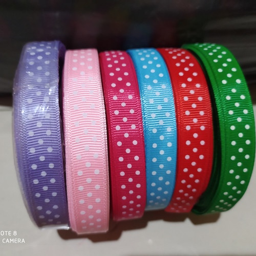 [1 Roll] Pita Salur Motif 1/2 Inch &amp; 1 Inch / Pita Polkadot / Gross Grain / Pita Kado Bintik Bintik / Kain Warna / Pita Salur Motif
