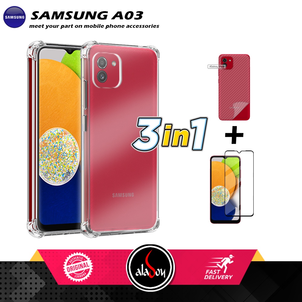 Case Samsung Galaxy A03 Ultrathin Premium Soft Case Casing + Tempered Glass Layar dan Skin Carbon 3D Film