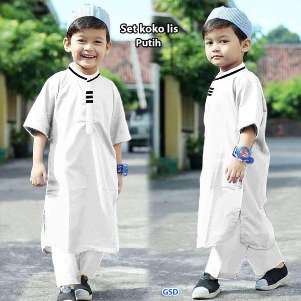 setelan koko anak cowok-setelan baju muslim anak-fashion lebaran anak cowok-koko list putih