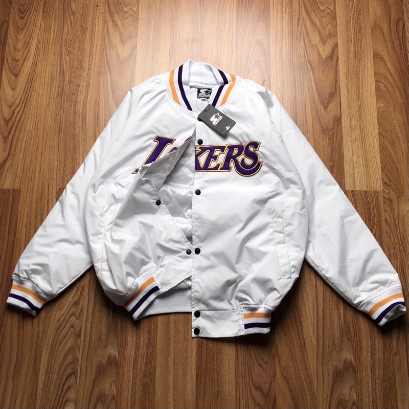 VARSITY JACKET - LAKERS TEXT UNGU BACK BALL BORDIR JAKET VARSITY BOMBER COACH PRIA TERLARIS