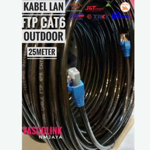 Vascolink Kabel Lan Outdoor 25 Meter Ftp Cat6 Siap Pakai sudah dicrimping rj45 besi dan plugbooth Kulit Kabel Tebal Warna Hitam