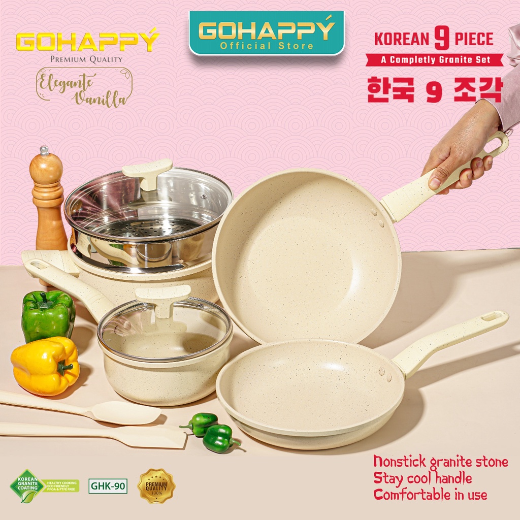 Gohappy Panci Set 9 pcs edisi Korean Granit Cookware GH-K98 Penggorengan WOKPAN Milkpan FRYPAN CASSEROLE