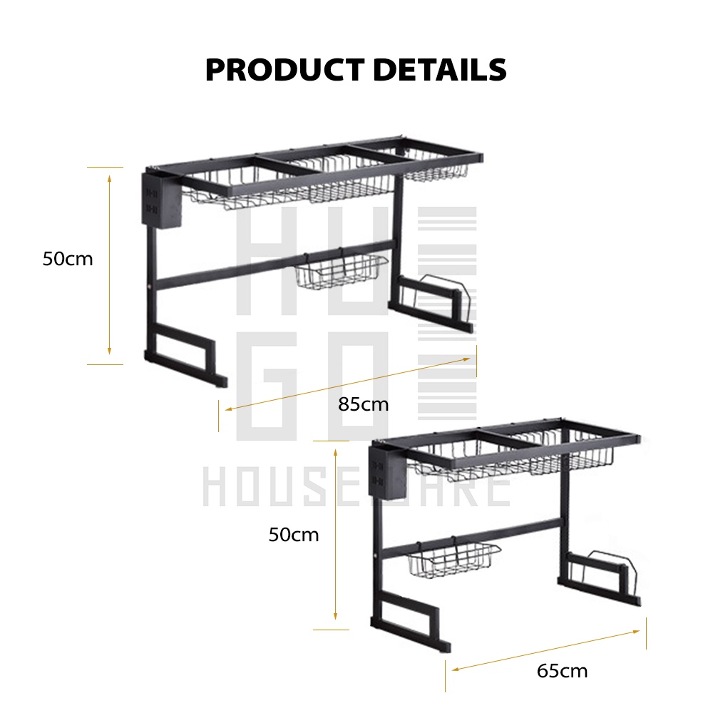 HUGO Rak Wastafel Stainless Hitam Rak Dapur Piring Rak Pengering Piring Dish Dryer