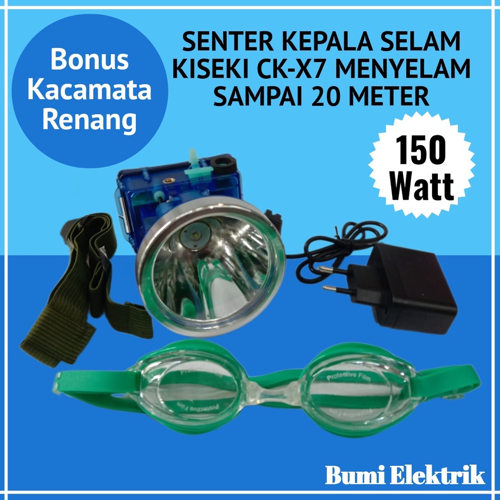 KISEKI Senter Kepala Selam 150Watt CK-X7 Bonus Kacamata Renang - Senter Diving 150W Menyelam Sampai 20 Meter - Headlamp Senter Selam Kiseki BISA COD