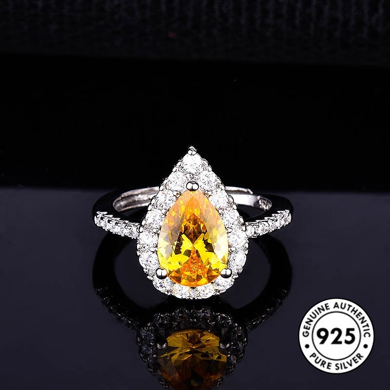 Cincin S925 Silver Bentuk Water Drop Pir Aksen Berlian Warna Kuning