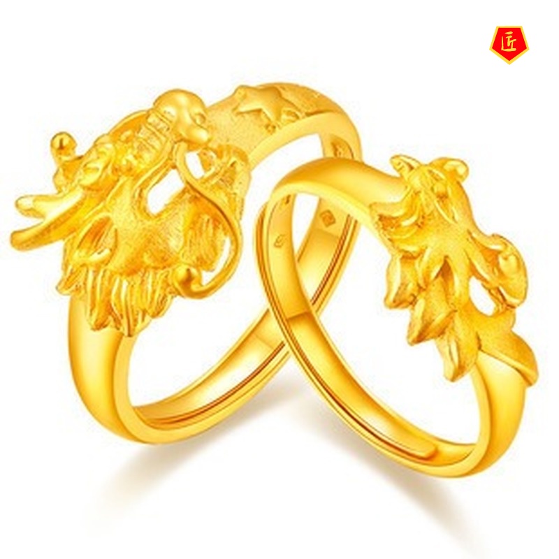 [Ready Stock]3D Gold Couple Couple Rings Dragon and Phoenix Ring