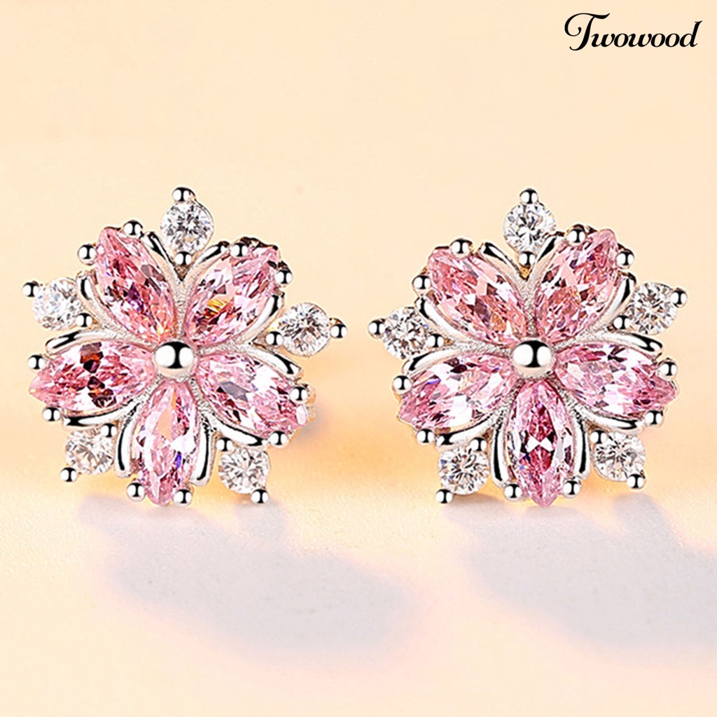 Twowood 1 Set Women Necklace Earrings Sakura-shaped Rhinestone Pink Sparkling Korean Japan Style Stud Earrings Necklace for Banquet