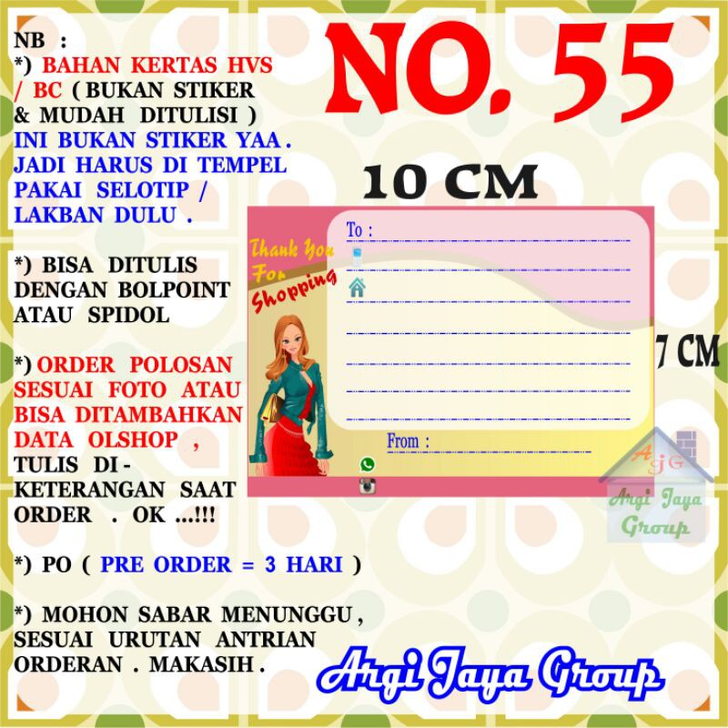 

Label Pengiriman Alamat Olshop Murah Nomer 55 - 10x7cm - Kertas BC (Manila)