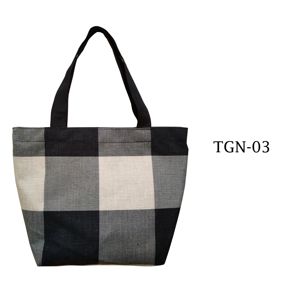 HAND BAG TAS TANGAN TOTE BAG BAHAN KANVAS DENGAN RITSLETING MOTIF KOTAK