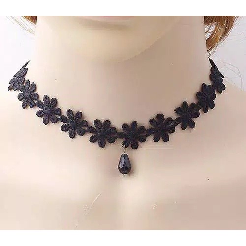 KALUNG CHOKER RENDA HITAM DENGAN LIONTIN BENTUKTETES AIR WARNA HITAM MODEL GOTHIC (SKY CHOKER - OAAK