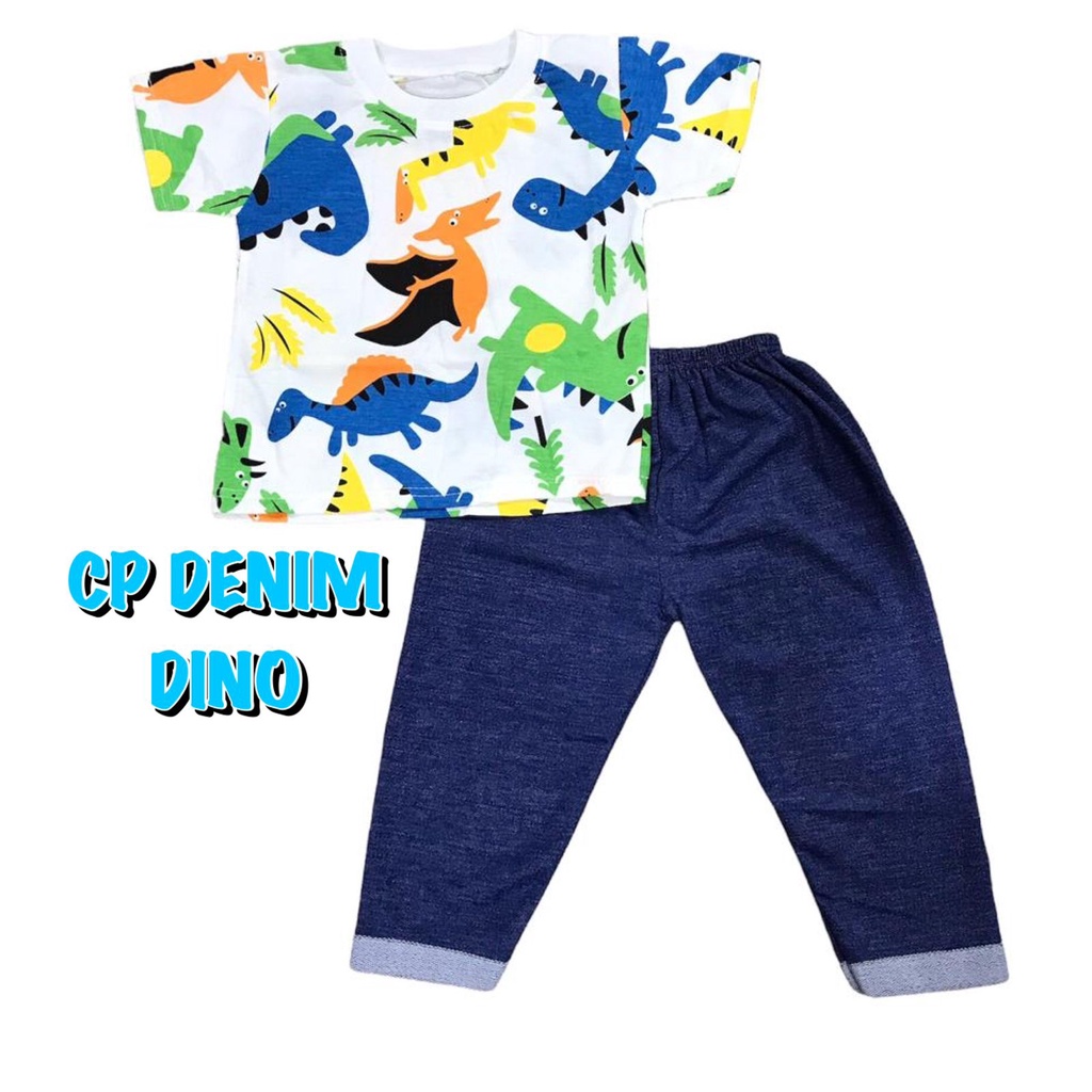 (1 KG MUAT 7 STEL) BAJU SETELAN CP DENIM FASHION OBLONG ANAK LAKI-LAKI/COWOK BAHAN KAOS KATUN DINO/DINOSAURUS