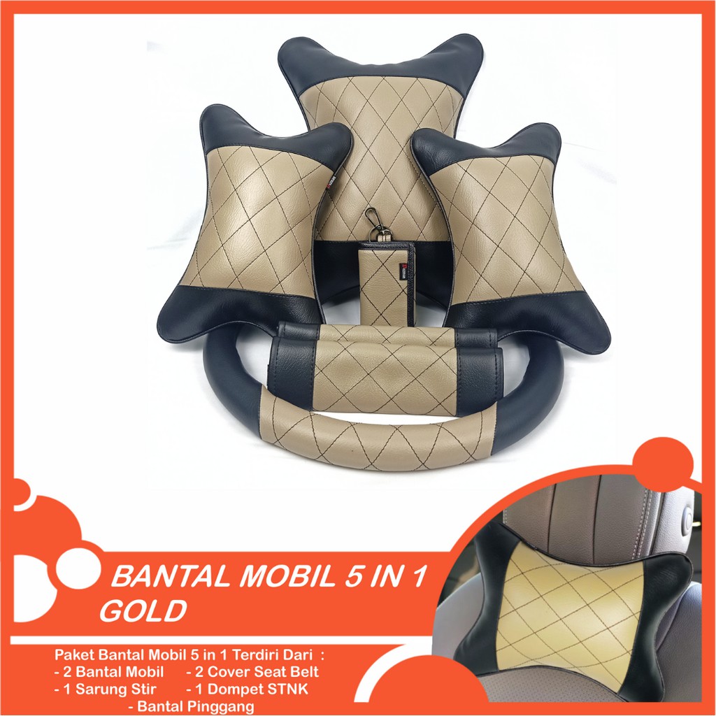 Set Bantal Mobil 5 in 1 Premium Bantal Leher Bantal Pinggang Cover Stir Seatbelt Free Dompet STNK