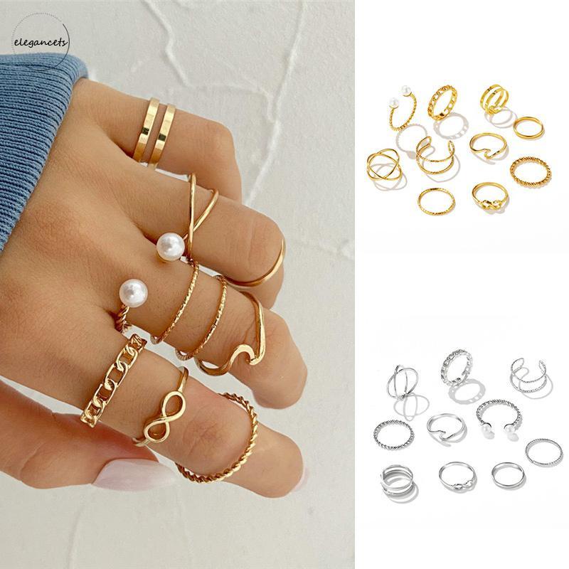 10 Buah Set Wanita Kreatif Sederhana Manik-manik Ganda Cincin Gabungan Geometri Gelombang Mutiara E