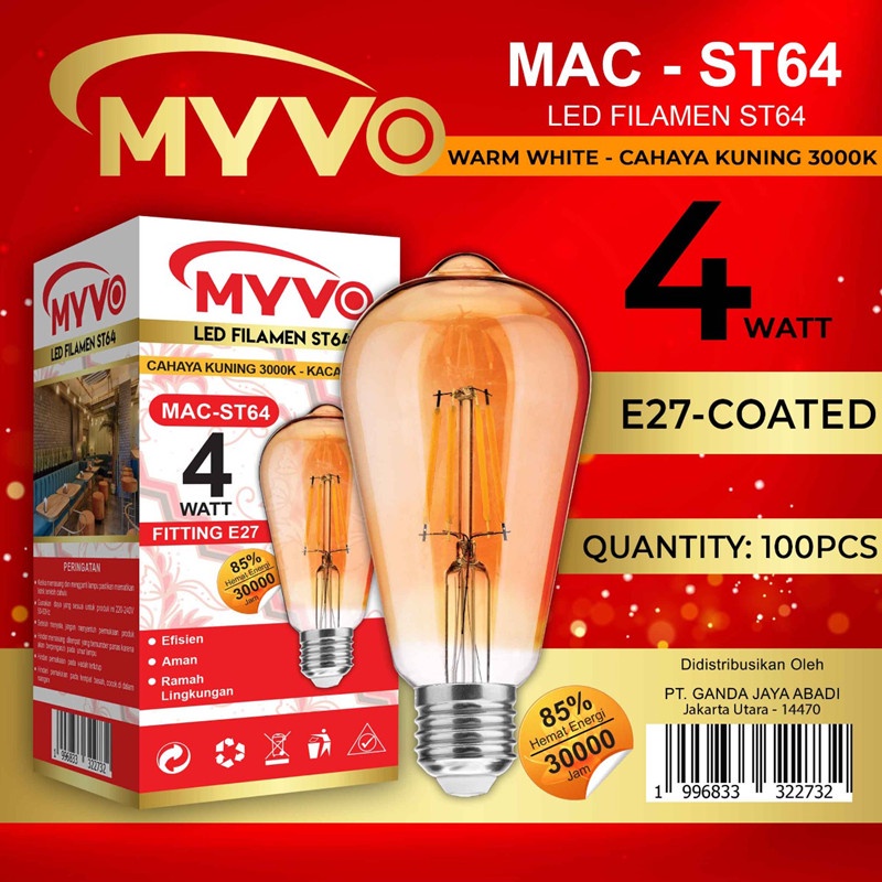 Lampu Led classic Filamen 4 Watt Vintage bulb warm white bohlam MYVO