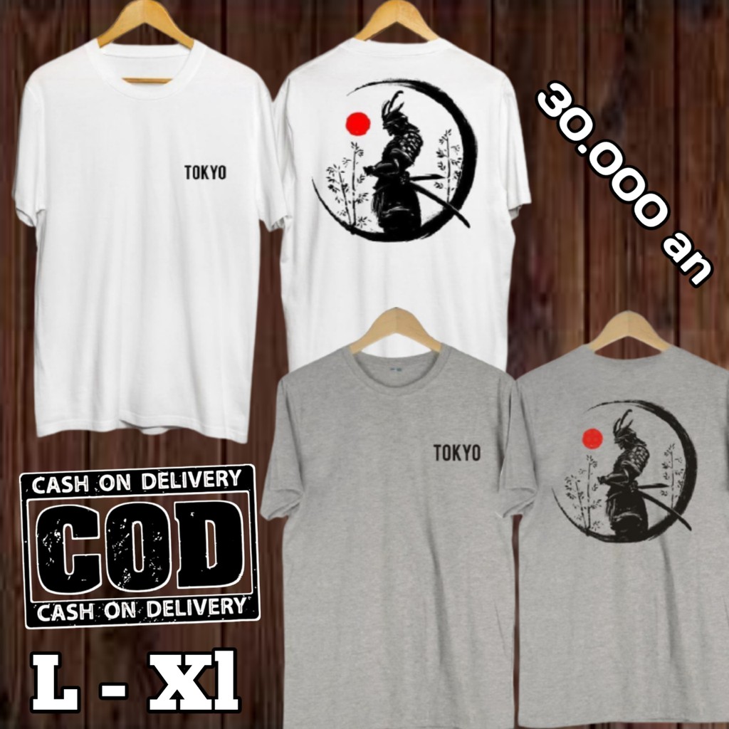 Kaos Distro Pria Murah - Baju Kaos Pria Distro - Kaos Samurai Tokyo ( Abu Abu, Putih )