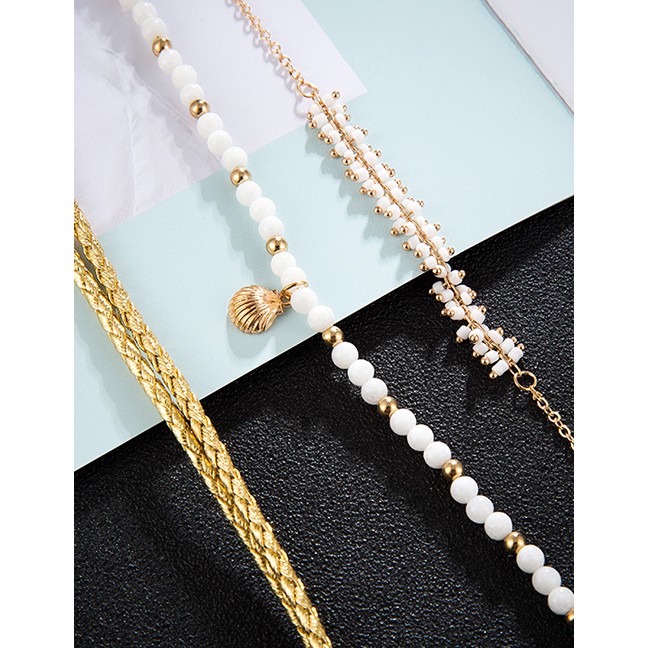 LRC Gelang Fashion Gold Alloy Rice Beads Fringed Shell Anklet 3 Sets F94583